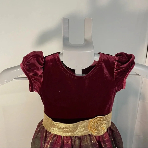Bonnie Jean Gold,Green&burgundy Velvet Plaid& Sparkle Holiday Christmas Dress,4T - Picture 4 of 7